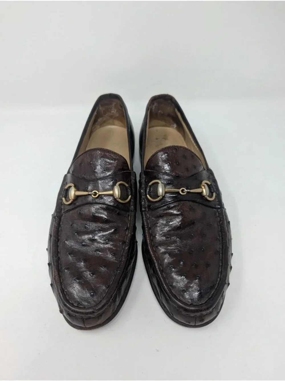 Vintage Y2K Gucci Horsebit Loafers 43.5 10 Brown Ostrich Leather